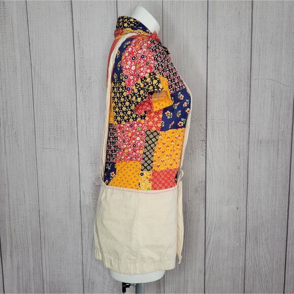 Vintage 70s Patchwork Dagger Collar Button Up Romper with Suspenders - Picture 2 of 5